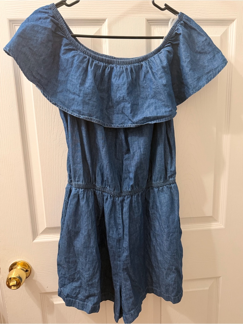 Blue Off-Shoulder Denim Romper